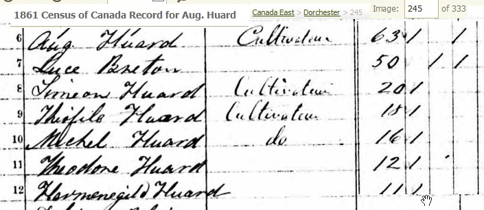  1861 Canada Census for Augustin HUARD and family